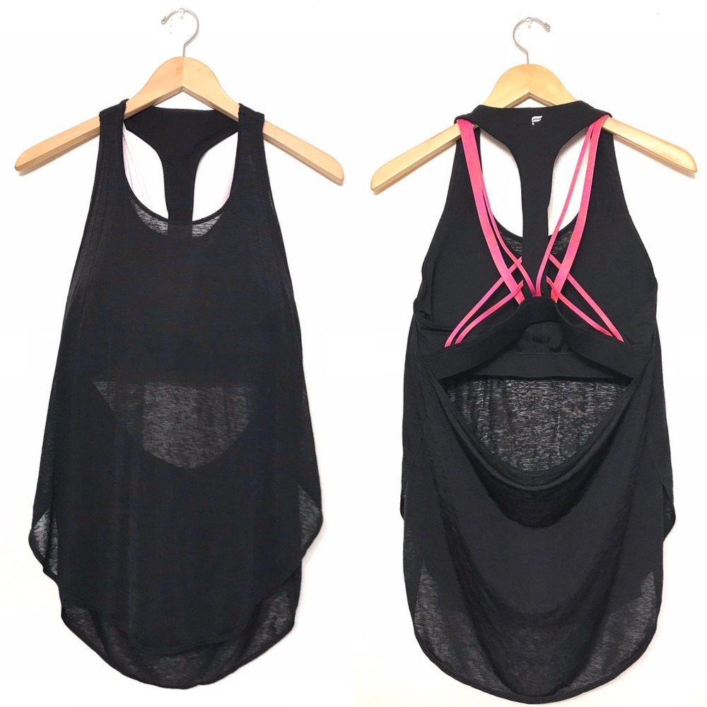 Fabletics Black Tank Top with Pink Strappy Sports Bra Detail